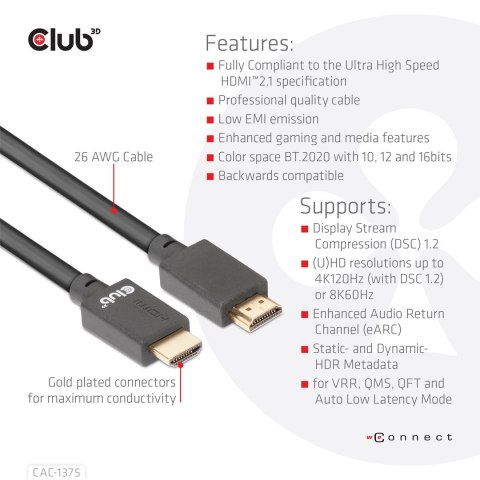 CLUB3D CAC-1375 kabel HDMI 5 m HDMI Typu A (Standard) Czarny Club 3D