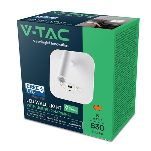Oprawa LED V-TAC 8W COB CREE kinkiet biały hotel łóżko USB+USB C włącznik VT-80068-W 3000K 830lm