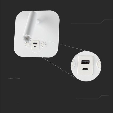 Oprawa LED V-TAC 8W COB CREE kinkiet biały hotel łóżko USB+USB C włącznik VT-80068-W 3000K 830lm