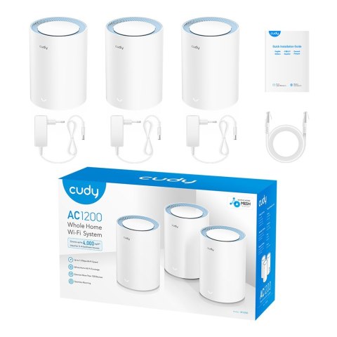 Cudy M1200 3-PACK siatkowy system wi-fi Dual-band (2.4 GHz/5 GHz) Wi-Fi 5 (802.11ac) Biały 1 Wewnętrzne CUDY