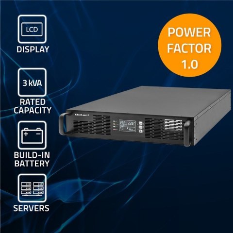 Qoltec Zasilacz awaryjny UPS do RACK | 3kVA | 3000W | Power Factor 1.0 | LCD | EPO | USB | On-line