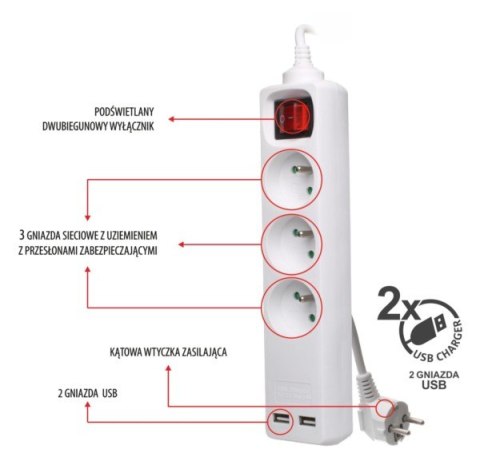 Przedłużacz 3 gniazda+wyłącznik 5m + 2 gniazda USB