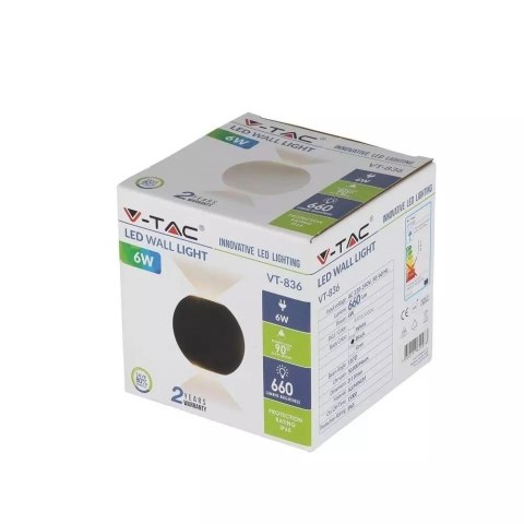 Kinkiet ścienny V-TAC 6W LED czarny okrągły IP65 VT-836 3000K 660lm