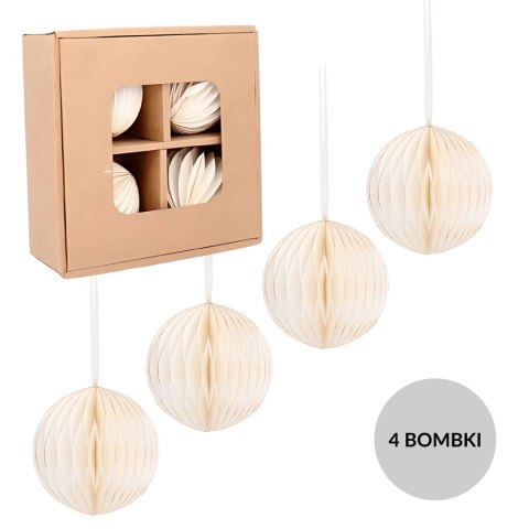 Komplet 4 bombek na choinkę z papieru, składane średnica 8cm białe