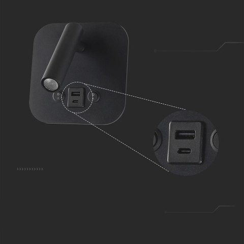 Oprawa LED V-TAC 8W COB CREE kinkiet czarny hotel łóżko USB+USB C włącznik VT-80068-B 3000K 830lm