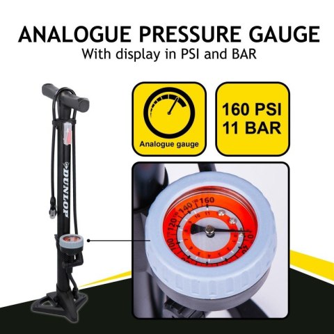 Dunlop - Pompka podłogowa do rowerów, piłek, materacy z manometrem (Czarny) Dunlop