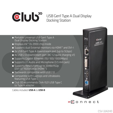 CLUB3D SenseVision USB3.0 Dual Display Docking Station Club 3D
