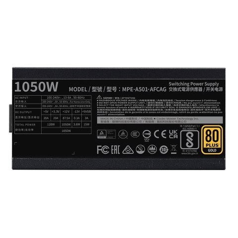 Chłodnica Master MWE Gold 1050 V2 ATX 3.1, 1050 W, 100 - 240 V, 50/60 Hz, 13 - 6 A, Aktywna, 120 W Cooler Master