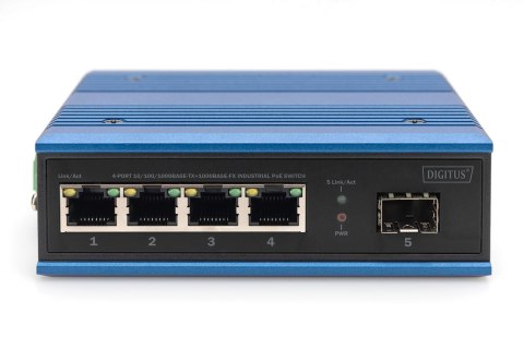 Przemysłowy switch 4x 1000Base-TX PoE 120W + 1x 1000Base-FX (bez modułu) DIN rozszerzony zakres temp DIGITUS