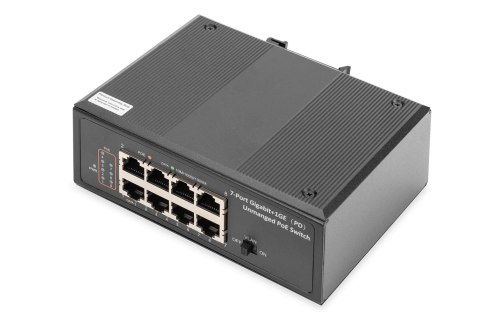 Switch przemysłowy 7-portowy Gigabit PoE+ z 1x PD, IEEE802.3af/at, DIN rail, rozszerzony zakres temp. DIGITUS