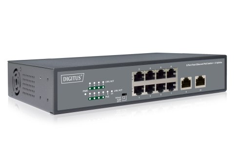 Przełącznik sieciowy niezarządzalny 19" 8x RJ45 10/100 Mb/s, 2x FastEthernet uplink, PoE+ 120W budżet DIGITUS