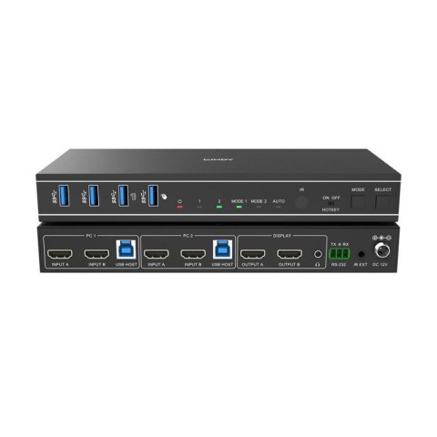 Lindy 2-portowy przełącznik KVM HDMI 4K60 USB3.0 z podwójną głowicą LINDY
