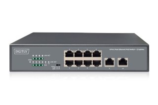 Przełącznik sieciowy niezarządzalny 19" 8x RJ45 10/100 Mb/s, 2x FastEthernet uplink, PoE+ 120W budżet DIGITUS
