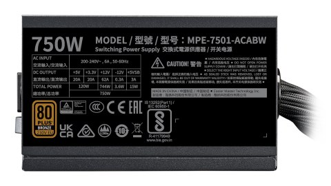 Cooler Master MWE Bronze 750 V3 230V moduł zasilaczy 750 W 24-pin ATX ATX Czarny Cooler Master