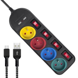 Listwa zasilająca Maclean, przedłużacz 4 gniazda + 2xUSB, z włącznikami, 250VAC/10A, 2.1A 5V, 1.5m, biała, MCE229B + kabel USB M Maclean
