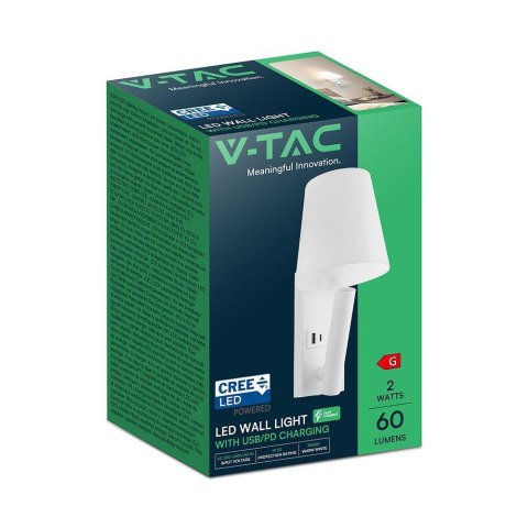 Oprawa LED V-TAC 2W COB CREE kinkiet biały hotel łóżko USB+USB C klosz VT-80062-W 3000K 60lm