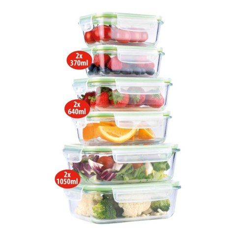 Alpina - Zestaw 6 szklanych pojemników na żywość z pokrywką lunchbox 370 ml / 640 ml / 1050 ml Alpina