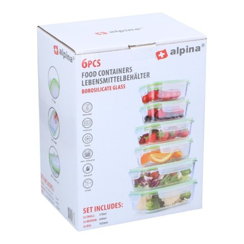 Alpina - Zestaw 6 szklanych pojemników na żywość z pokrywką lunchbox 370 ml / 640 ml / 1050 ml Alpina