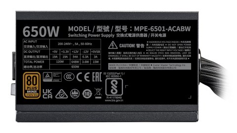 Cooler Master MWE Bronze 650 V3 230V moduł zasilaczy 650 W 24-pin ATX ATX Czarny Cooler Master