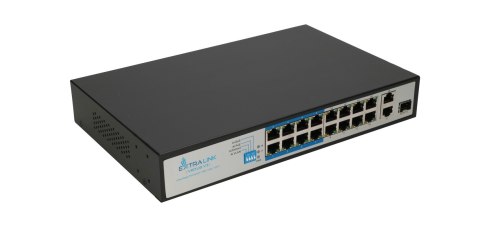 Extralink Switch PoE VIRTUS V3 16x 100Mb/s PoE/PoE+, 2x Gigabit RJ45 + 1x SFP, 150W Extralink