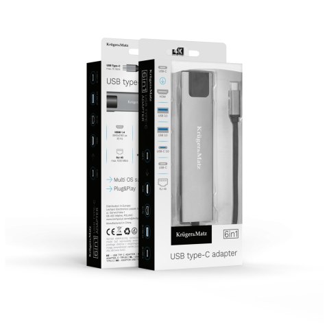 Adapter (HUB) USB typu C na HDMI/2x USB3.0/2x USB typu C/RJ45 Kruger&Matz