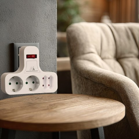 Gniazdko prądowe Maclean, Poczwórne z wyłącznikiem, Nóżką stabilizującą, Typu schuko, 2x2.5A, 2x16A, MCE224