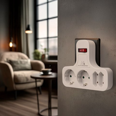 Gniazdko prądowe Maclean, Poczwórne z wyłącznikiem, Nóżką stabilizującą, Typu schuko, 2x2.5A, 2x16A, MCE224