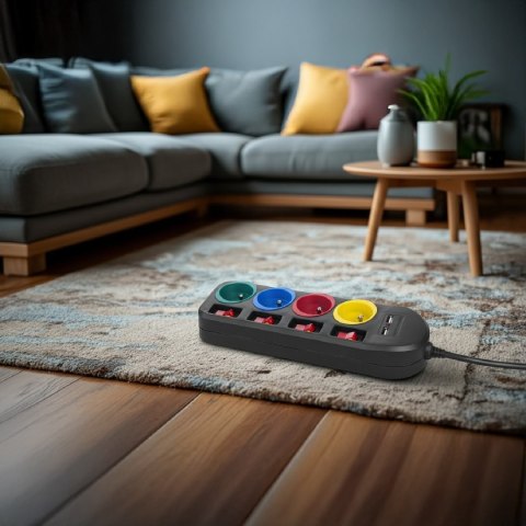 Listwa zasilająca Maclean, przedłużacz 4 gniazda + 2xUSB, z włącznikami, 250VAC/10A, 2.1A 5V, 1.5m, czarna, MCE229 B