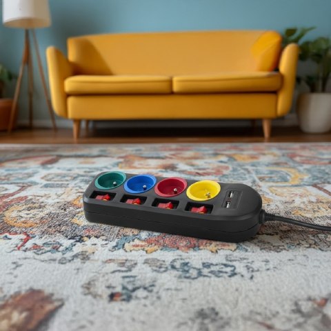 Listwa zasilająca Maclean, przedłużacz 4 gniazda + 2xUSB, z włącznikami, 250VAC/10A, 2.1A 5V, 1.5m, czarna, MCE229 B