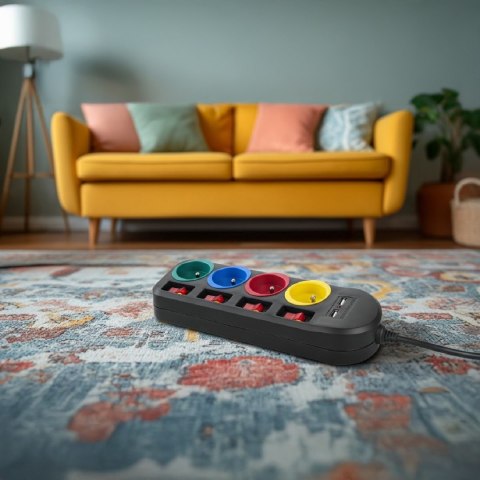 Listwa zasilająca Maclean, przedłużacz 4 gniazda + 2xUSB, z włącznikami, 250VAC/10A, 2.1A 5V, 1.5m, czarna, MCE229 B