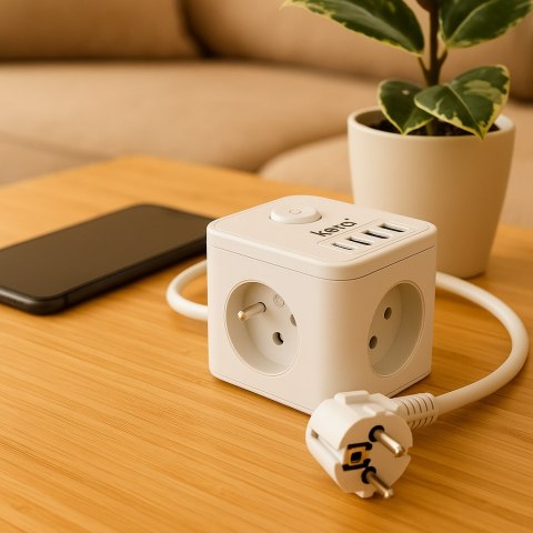 Kostka zasilająca 3-gniazdowa + ładowarka USB-A+USB-C 1,5m 3×1,5mm2 H05VV-F 16A/250V~ KERG Smart biała KERG