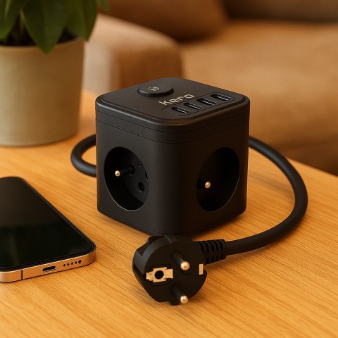 Kostka zasilająca 3-gniazdowa + ładowarka USB-A+USB-C 1,5m 3×1,5mm2 H05VV-F 16A/250V~ KERG Smart czarna KERG