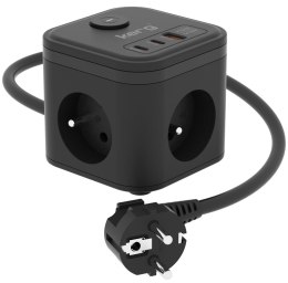 Kostka zasilająca 3-gniazdowa + szybka ładowarka USB-A+USB-C 1,5m 3×1,5mm2 H05VV-F 16A/250V~ KERG Smart czarna KERG