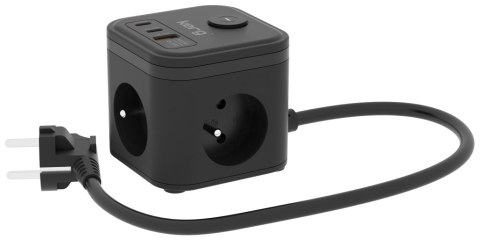 Kostka zasilająca 3-gniazdowa + szybka ładowarka USB-A+USB-C 1,5m 3×1,5mm2 H05VV-F 16A/250V~ KERG Smart czarna KERG