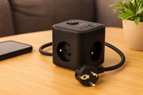 Kostka zasilająca 3-gniazdowa + szybka ładowarka USB-A+USB-C 1,5m 3×1,5mm2 H05VV-F 16A/250V~ KERG Smart czarna KERG