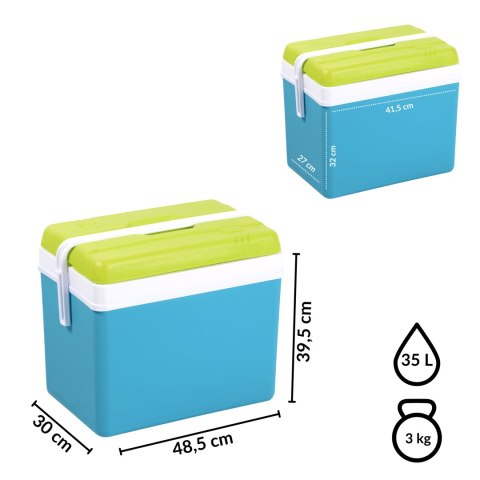 Lodówka turystyczna 35L KAMAI EDA na wkłady mrożące, turkusowa z białą rączką i zieloną pokrywą EDA
