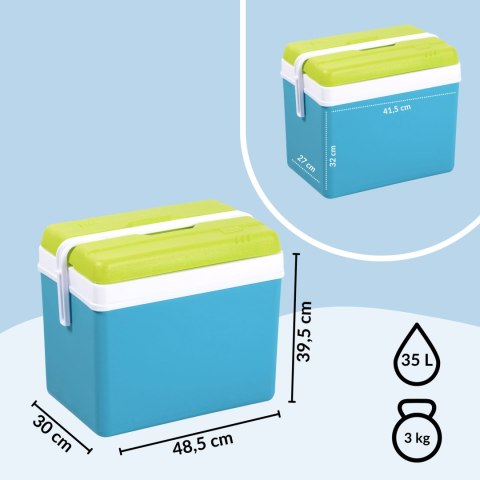 Lodówka turystyczna 35L KAMAI EDA na wkłady mrożące, turkusowa z białą rączką i zieloną pokrywą EDA