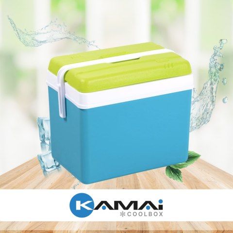 Lodówka turystyczna 35L KAMAI EDA na wkłady mrożące, turkusowa z białą rączką i zieloną pokrywą EDA