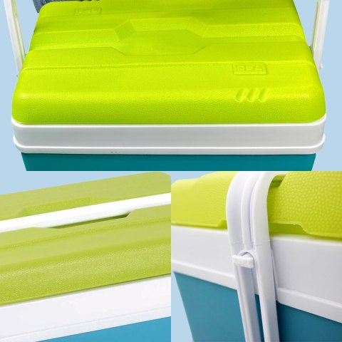 Lodówka turystyczna 35L KAMAI EDA na wkłady mrożące, turkusowa z białą rączką i zieloną pokrywą EDA