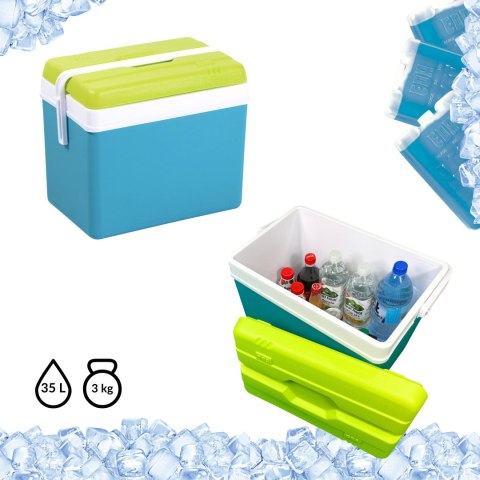 Lodówka turystyczna 35L KAMAI EDA na wkłady mrożące, turkusowa z białą rączką i zieloną pokrywą EDA