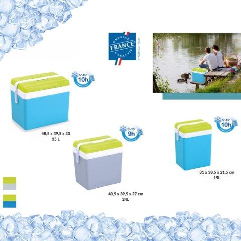 Lodówka turystyczna 35L KAMAI EDA na wkłady mrożące, turkusowa z białą rączką i zieloną pokrywą EDA