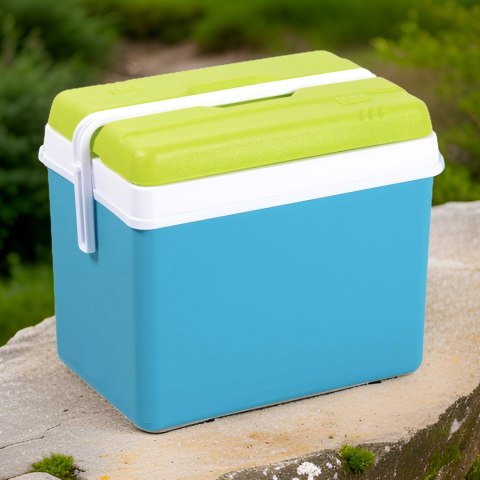 Lodówka turystyczna 35L KAMAI EDA na wkłady mrożące, turkusowa z białą rączką i zieloną pokrywą EDA