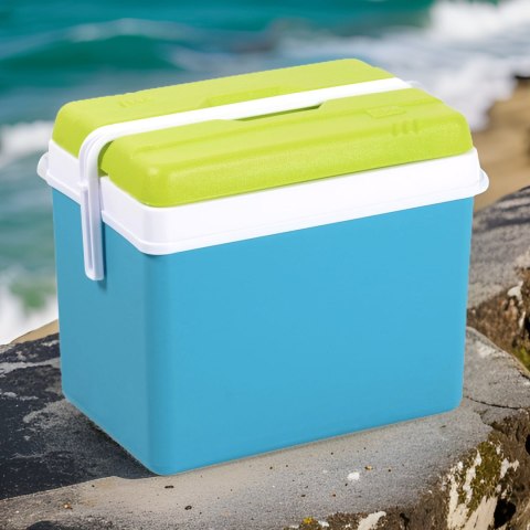 Lodówka turystyczna 35L KAMAI EDA na wkłady mrożące, turkusowa z białą rączką i zieloną pokrywą EDA