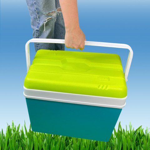 Lodówka turystyczna 35L KAMAI EDA na wkłady mrożące, turkusowa z białą rączką i zieloną pokrywą EDA