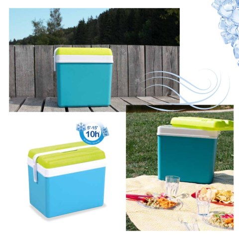 Lodówka turystyczna 35L KAMAI EDA na wkłady mrożące, turkusowa z białą rączką i zieloną pokrywą EDA