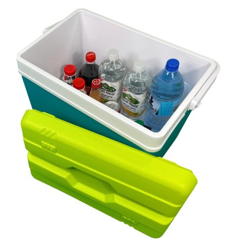 Lodówka turystyczna 35L KAMAI EDA na wkłady mrożące, turkusowa z białą rączką i zieloną pokrywą EDA