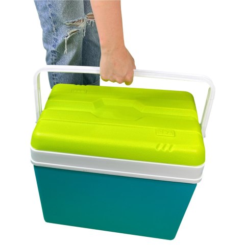 Lodówka turystyczna 35L KAMAI EDA na wkłady mrożące, turkusowa z białą rączką i zieloną pokrywą EDA