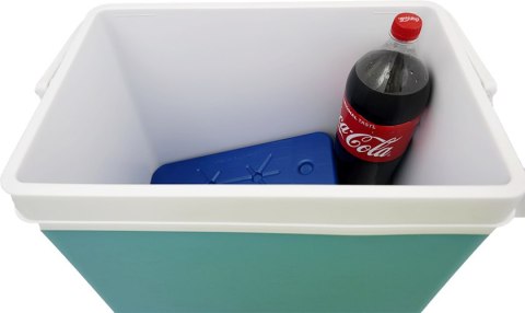Lodówka turystyczna 35L KAMAI EDA na wkłady mrożące, turkusowa z białą rączką i zieloną pokrywą EDA