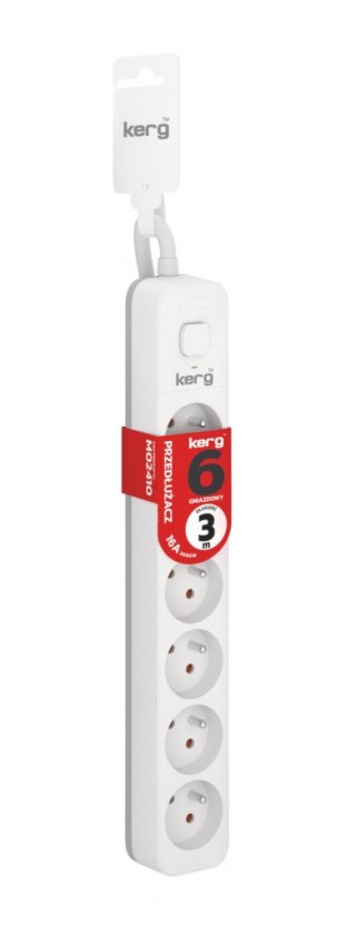 Przedłużacz KERG z wyłącznikiem-6 gniazd-biało-szary-3m-16A-H05VV-F-3x1,5mm2 KERG