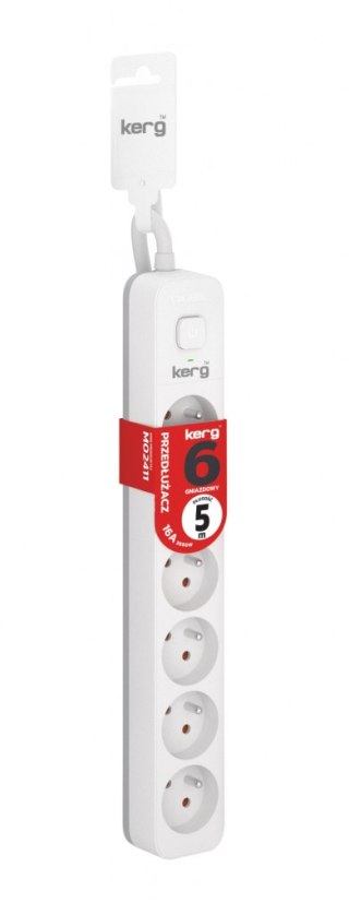 Przedłużacz KERG z wyłącznikiem-6 gniazd-biało-szary-5m-16A-H05VV-F-3x1,5mm2 KERG